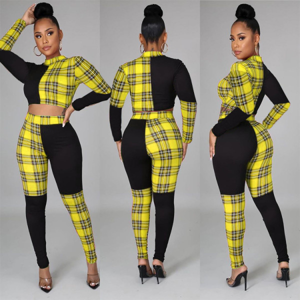Plaid Patchwork Long Sleeve Two Piece Pants Set WPF-80258
