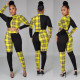 Plaid Patchwork Long Sleeve Two Piece Pants Set WPF-80258
