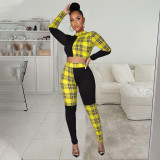 Plaid Patchwork Long Sleeve Two Piece Pants Set WPF-80258