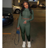 Solid Rib Embroidery Zipper Long Sleeve 2 Piece Sets ASL-6286