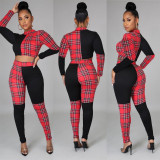 Plaid Patchwork Long Sleeve Two Piece Pants Set WPF-80258