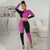 Plaid Patchwork Long Sleeve Two Piece Pants Set WPF-80258