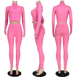 Solid Rib Embroidery Zipper Long Sleeve 2 Piece Sets ASL-6286