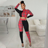 Plaid Patchwork Long Sleeve Two Piece Pants Set WPF-80258