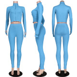 Solid Rib Embroidery Zipper Long Sleeve 2 Piece Sets ASL-6286