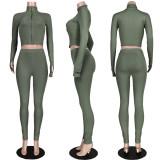 Solid Rib Embroidery Zipper Long Sleeve 2 Piece Sets ASL-6286