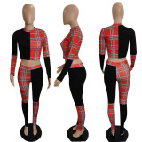 Plaid Patchwork Long Sleeve Two Piece Pants Set WPF-80258