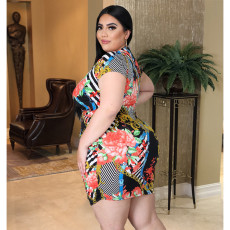 Plus Size Sexy V-neck Print Ruched Mini Dress ASL-7018