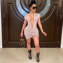 Sexy Solid Deep V Neck Knotted Mini Dress CHY-1340