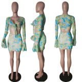 Sexy Printed Flare Sleeve Mini Skirt 2 Piece Sets CHY-1342