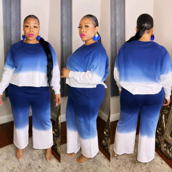 Plus Size Gradient Long Sleeve Two Piece Pants Set WPF-80268