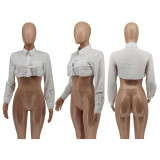 White Long Sleeve Cropped Blouse Top WSYF-5897