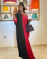 Plus Size Contrast Color Loose Oblique Shoulder Maxi Dress NYF-8081