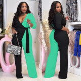 Plus Size Contrast Color Patchwork Sashes Jumpsuit WPF-80288
