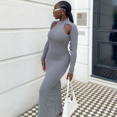 Solid Hollow Out Long Sleeve Slim Maxi Dress YMEF-5034
