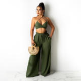 Sexy Solid Halter Crop Top Wide Leg Pants 2 Piece Sets HNIF-HN036