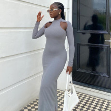 Solid Hollow Out Long Sleeve Slim Maxi Dress YMEF-5034