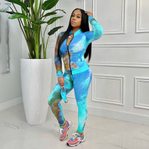 Plus Size Tie Dye Print Zipper Long Sleeve 2 Piece Suits (Without Mask)HNIF-050