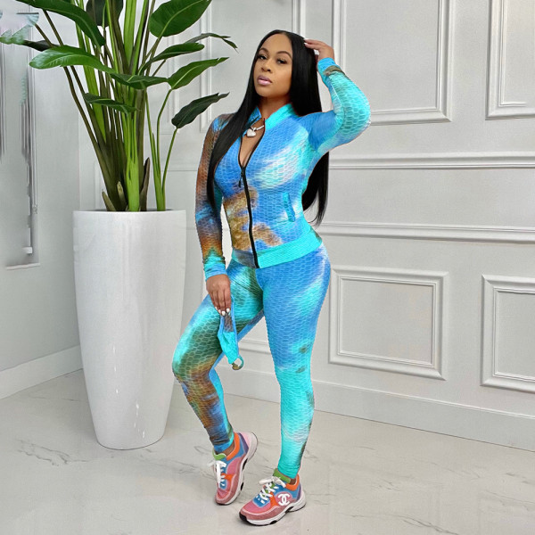 Plus Size Tie Dye Print Zipper Long Sleeve 2 Piece Suits (Without Mask)HNIF-050