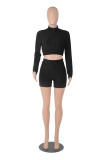 Solid Sports Long Sleeve Two Piece Shorts Set MZ-2658