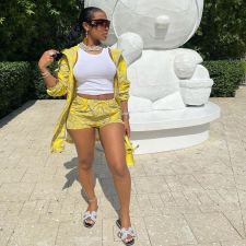 Casual Printed Drawstring Hooded Zopper Coat+Shorts 2 Piece Suits MEM-88388