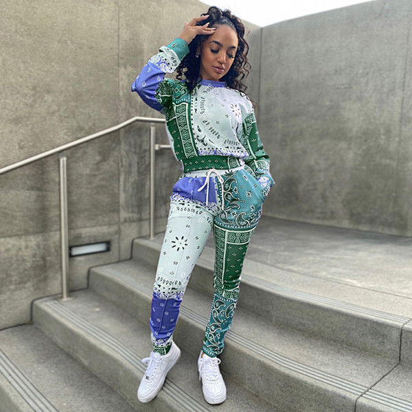 Paisley Print Long Sleeve Two Piece Pants Set GLF-10030