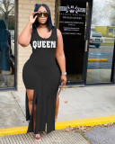 Plus Size Queen Letter Sleeveless Split Top And Shorts 2 Piece Sets WAF-77247