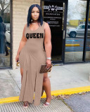 Plus Size Queen Letter Sleeveless Split Top And Shorts 2 Piece Sets WAF-77247