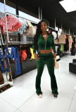 Solid Velvet Zipper Long Sleeve Top Flare Pants 2 Piece Suits NIK-263
