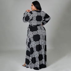 Plus Size Printed V Neck Long Sleeve Maxi Dress NNWF-7310