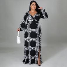 Plus Size Printed V Neck Long Sleeve Maxi Dress NNWF-7310