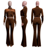 Solid Velvet Zipper Long Sleeve Top Flare Pants 2 Piece Suits NIK-263