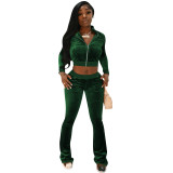Solid Velvet Zipper Long Sleeve Top Flare Pants 2 Piece Suits NIK-263