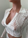 Sexy Lace Long Sleeve Hollow Out 2 Piece Pants Set NIK-261