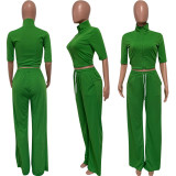 Solid Half Sleeve Zipper Coat+Pants 2 Piece Sets HMS-5504