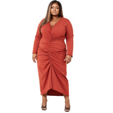Plus Size Solid Long Sleeve V Neck Ruched Maxi Dress YMEF-5037