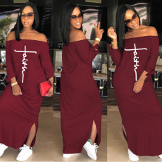 Letter Print Tie-Knotted Sleeve Split Maxi Dress BGN-199