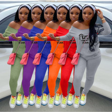 Plus Size Pink Letter Off Shoulder Long Sleeve 2 Piece Pants Set WAF-77266