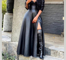 Black PU Leather High Split Maxi Skirt OLYF-6075