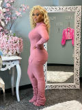 Solid Long Sleeve Turtleneck Stacked Pants 2 Piece Sets XYF-9116