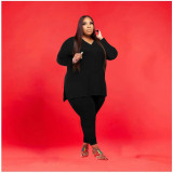 Plus Size Solid V Neck Long Sleeve Two Piece Pants Set WAF-77262