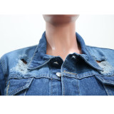 Denim Ripped Hole Tassel Full Sleeve Casual Long Coat SH-390000