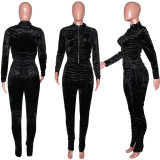 Solid Velvet Ruched Long Sleeve Split Pants 2 Piece Suits SH-390070