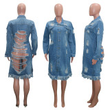 Denim Ripped Hole Tassel Full Sleeve Casual Long Coat SH-390000