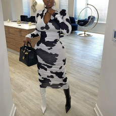 Sexy Printed Long Sleeve Zipper Maxi Dress SH-390056