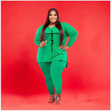 Plus Size Letter Print V Neck Long Sleeve 2 Piece Sets WAF-77267