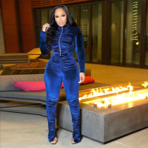 Solid Velvet Ruched Long Sleeve Split Pants 2 Piece Suits SH-390070
