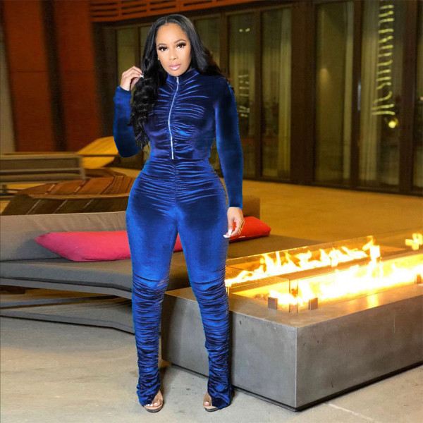 Solid Velvet Ruched Long Sleeve Split Pants 2 Piece Suits SH-390070