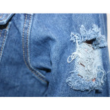 Denim Ripped Hole Tassel Full Sleeve Casual Long Coat SH-390000