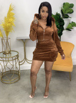 Solid Zipper Hoodie And Mini Skirt Two Piece Sets WSM-5278